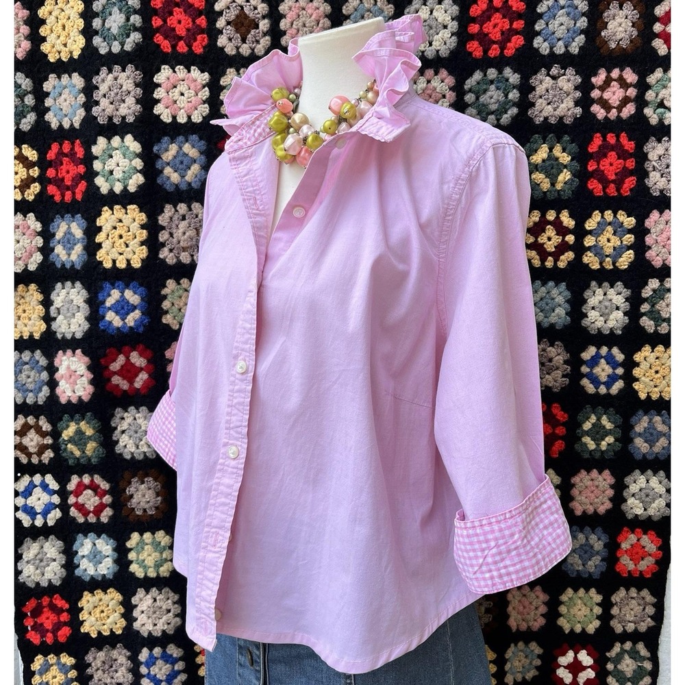 Upcycled Martha's Vinyard Izod Pink - Gingham Trim Ruffle Collar Crop Shirt XL